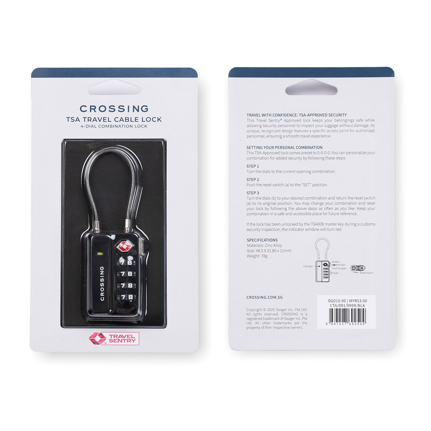 Crossing TSA 4-Dial Travel Lock With Indicator - Black