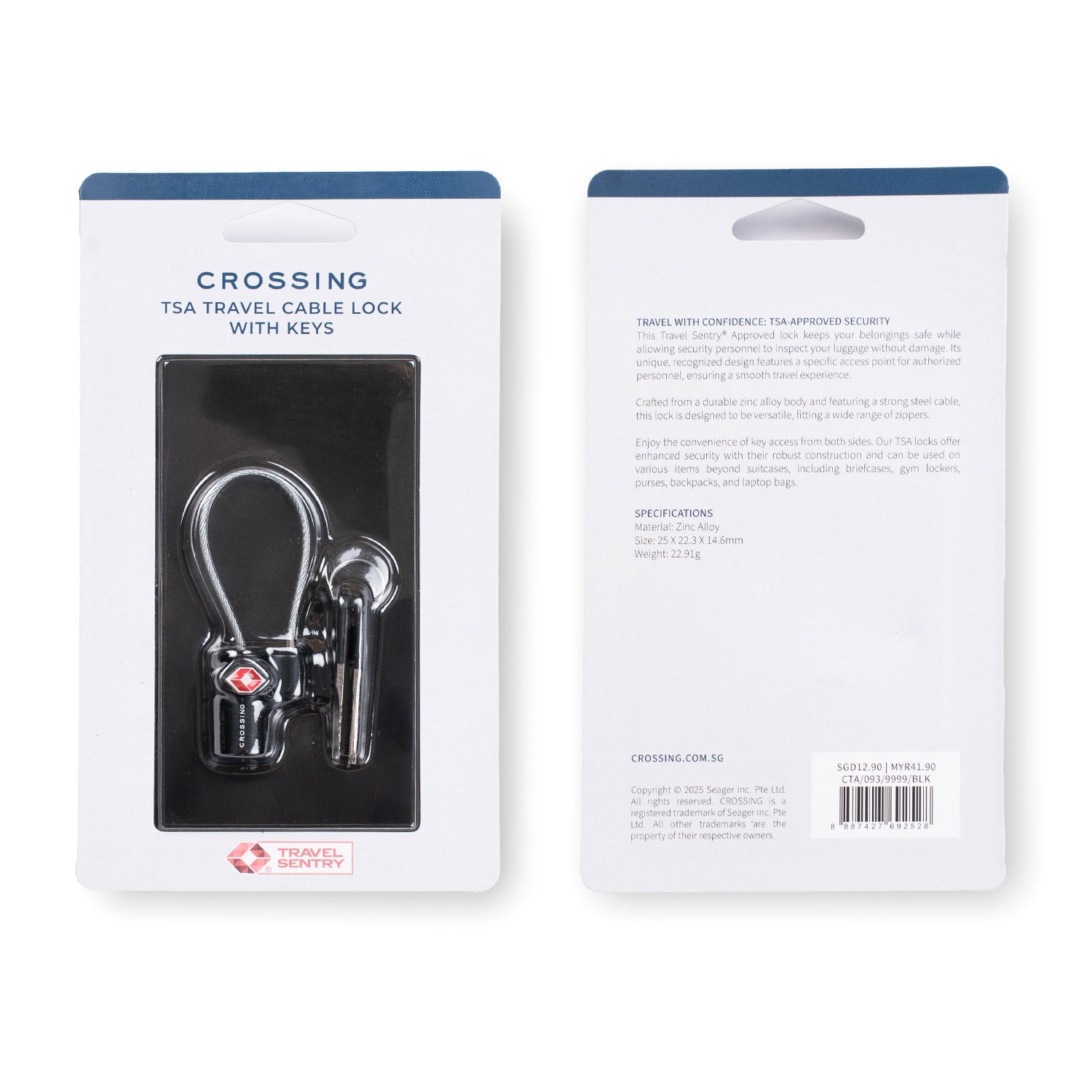 Crossing TSA Travel Cable Lock With Keys - Black