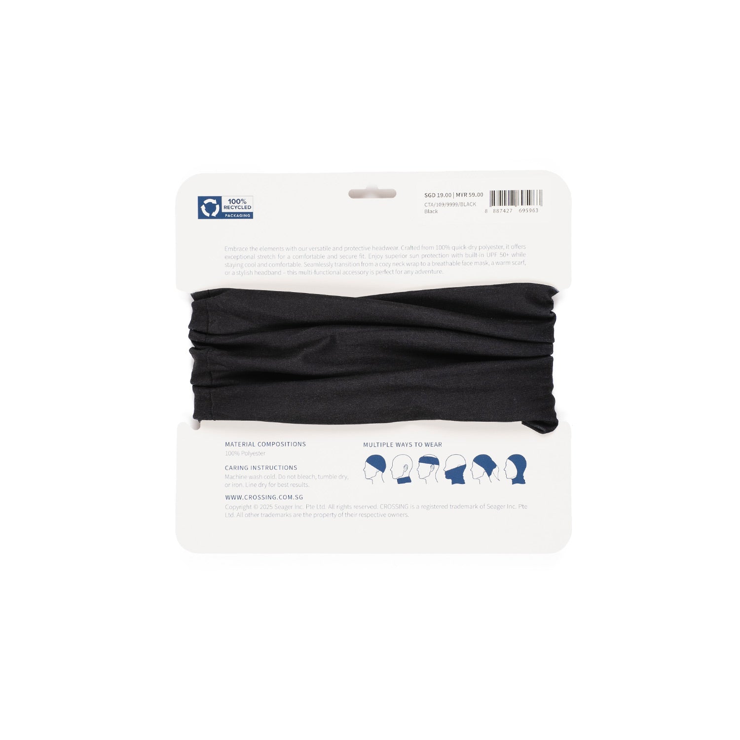 Crossing UV Multi-Functional Headwear UPF 50+ Sun Protection - Black