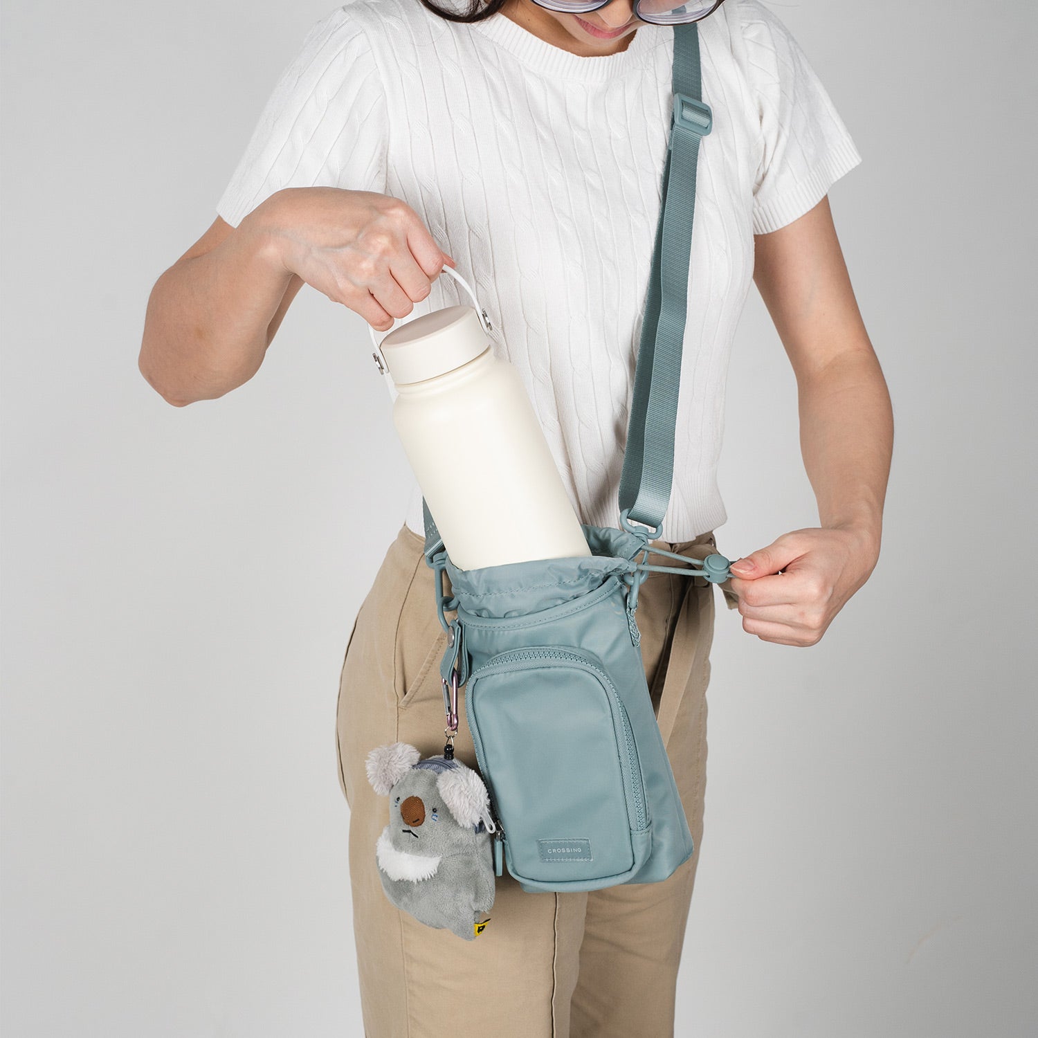 Crossing Water Bottle Crossbody Bag With  Front Pocket 2L - Sage Green