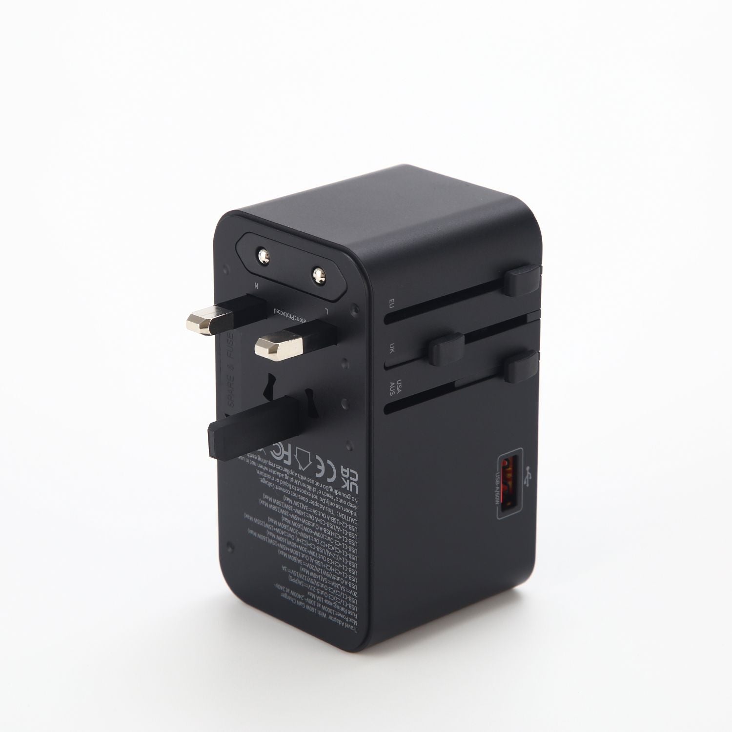 Crossing World Travel Adaptor 160W with 1 X USB-A + 3 X USB-C with Built-In Type C Cable - Black