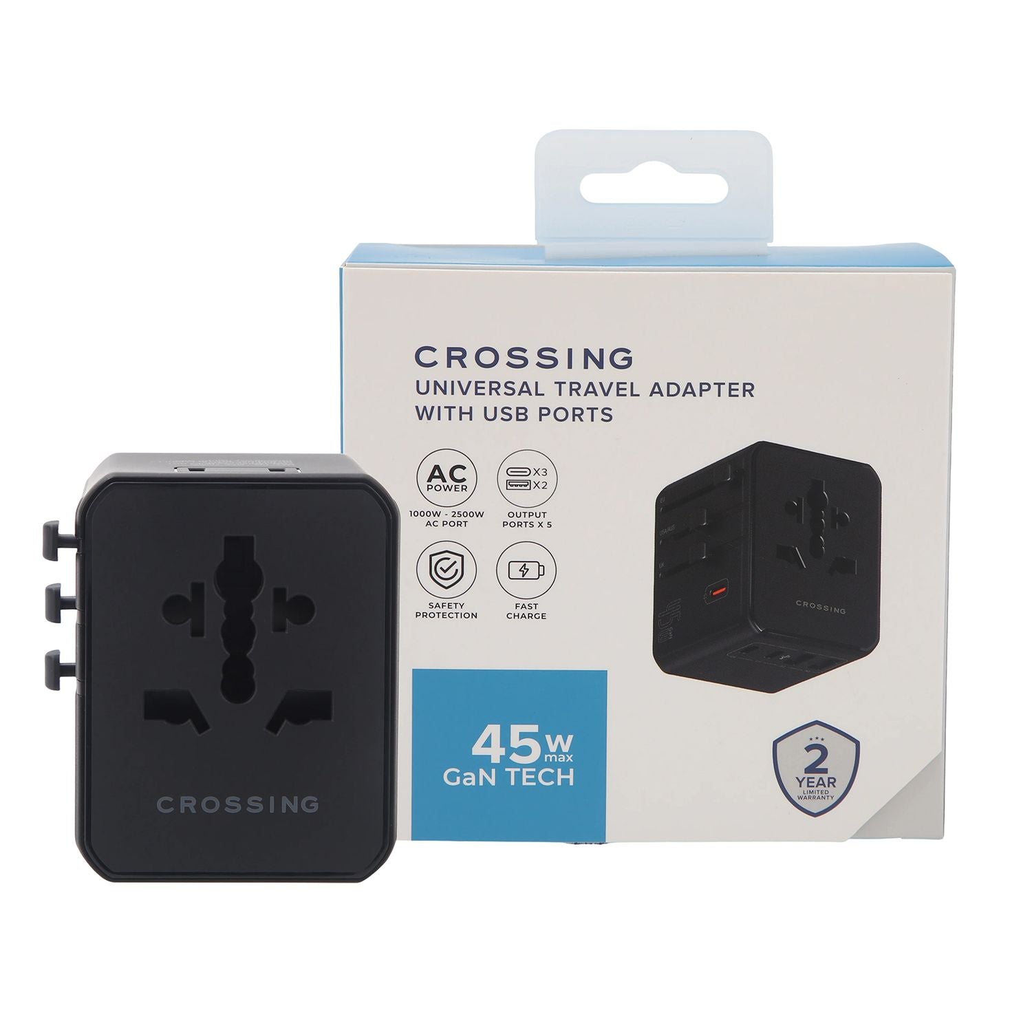 Crossing World Travel Adaptor 45W V2 With  3 USB-C + 2 USB-A - Black