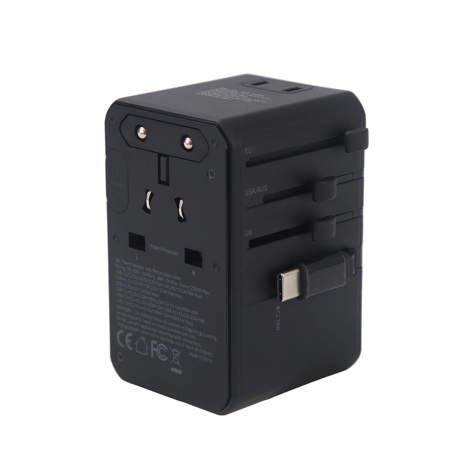 Crossing World Travel Adaptor 70W Pro With 2 X USB-A + 2 X USB-C With Built-In Type C Cable - Black