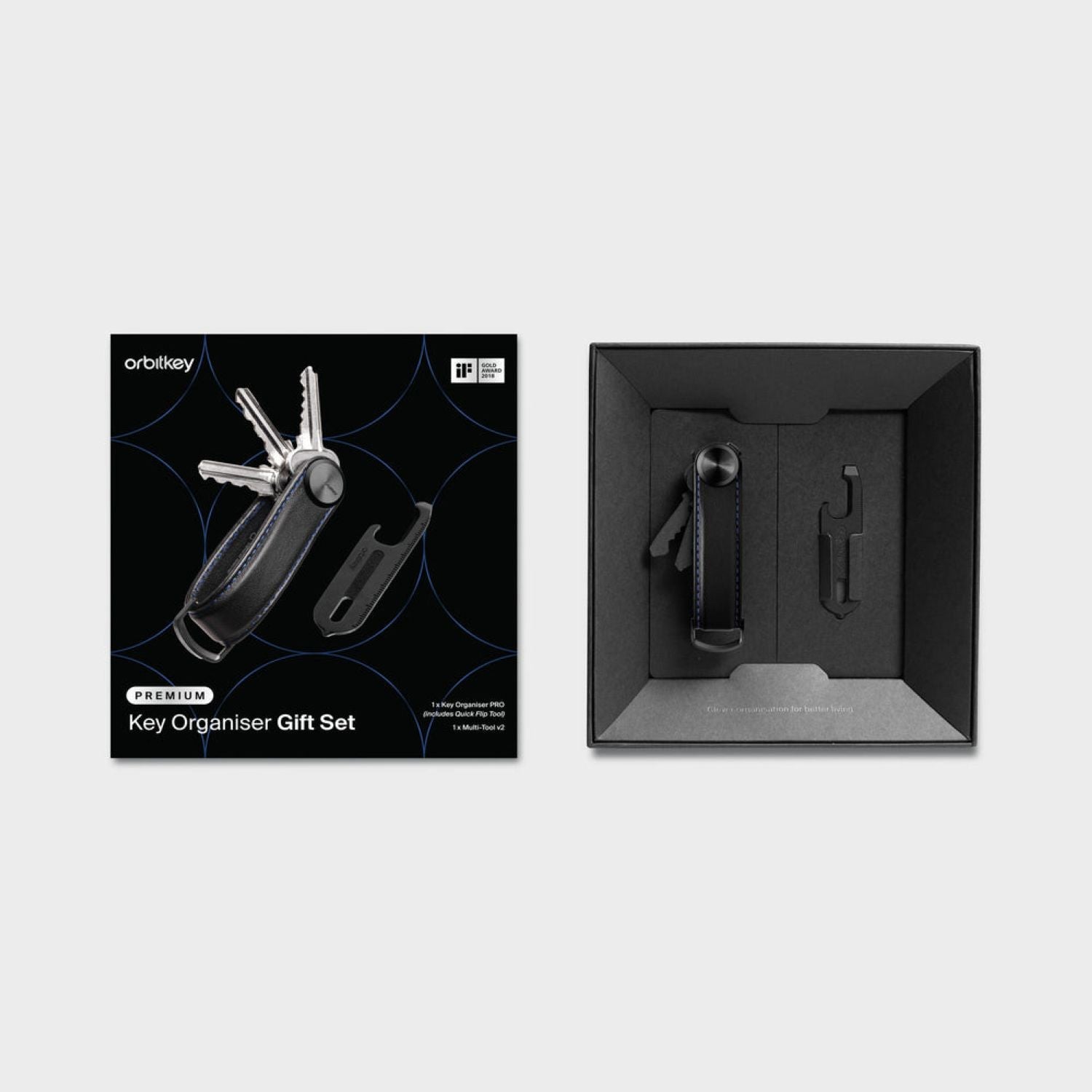 Orbitkey Leather Key Organiser Pro + Multitool V2 (Black/Blue)