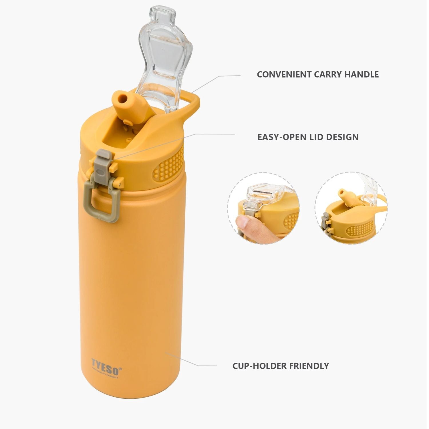 Tyeso Wander Lockable One Press Straw Flip Lid S/S Vacuum Insulated Bottle With Handle 600ml - Yellow